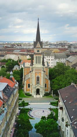vertical 4k drone of st. francis church, budapest, in hungary.