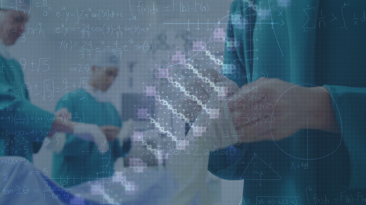 수술을 준비하는 백인 여성과 남성 외과 의사 위에 회전하는 dna의 애니메이션