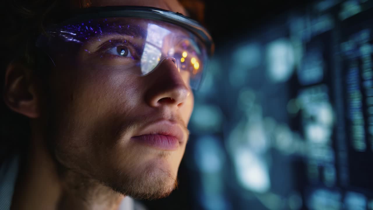 Futuristic Vision: A Close-Up Exploration of an Individual Wearing High-Tech Glasses Delving into Complex Digital Data and Vivid Projections on Screen in a Sophisticated Environment