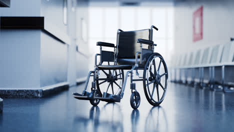 standard manual wheelchair in empty, foggy hospital corridor. zoom out camera. symbolizes disability of handicapped people caused by illness or injury. medical video with natural colors.