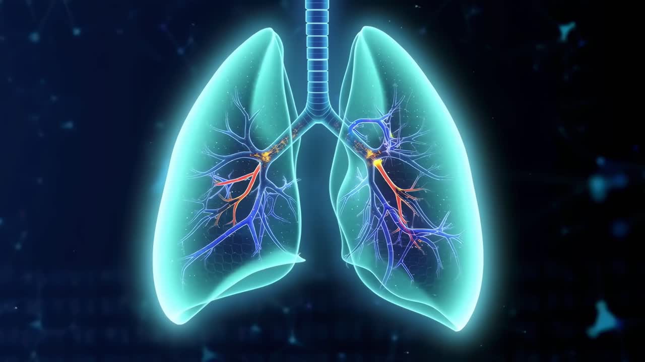 3D video animation of glowing lungs, frontal angle, highlighting bronchial structures
