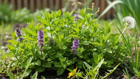 beautiful green mint plant with vibrant purple flowers in garden setting, surrounded by lush foliage and dandelions, perfect for culinary and aromatic uses