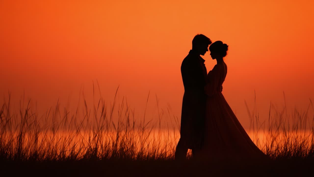 A Romantic Sunset Silhouette of a Couple Embracing on a Serene Shoreline, Capturing the Essence of Love in Nature's Beautiful Glow