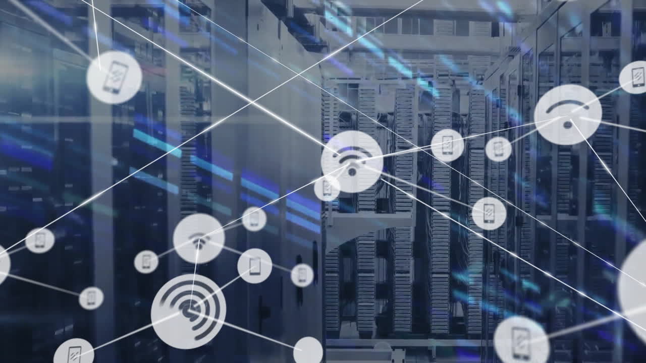Animation of network of connections with icons and data processing over computer servers
