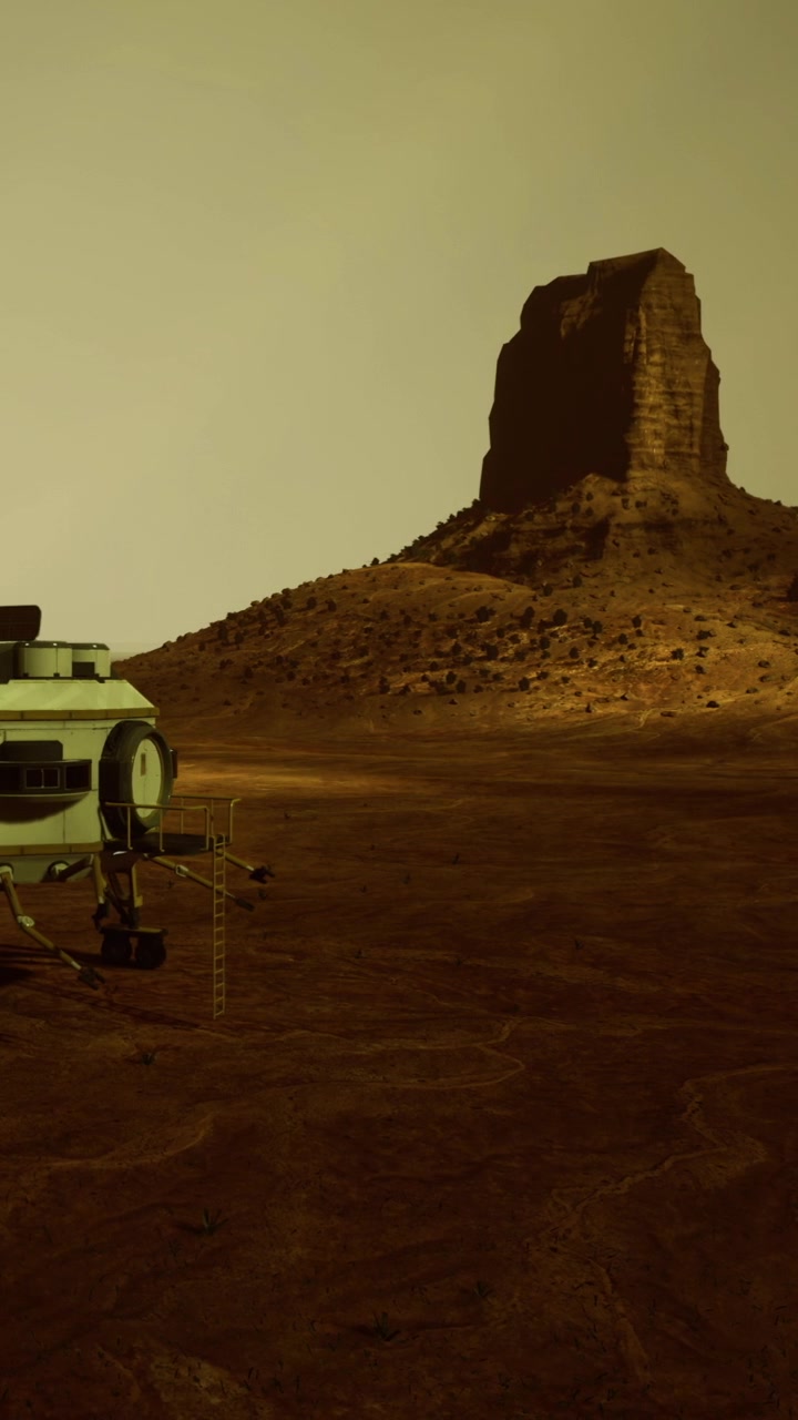 Weltraumforschungsbasis nahe einer Felsformation auf der Marslandschaft tagsüber.