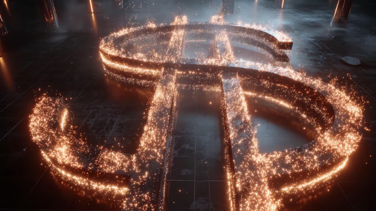 Fiery dollar sign made of glowing sparks disintegrating on a dark, reflective floor in a smoky industrial setting, symbolizing economic crisis, inflation, or financial collapse and ruin