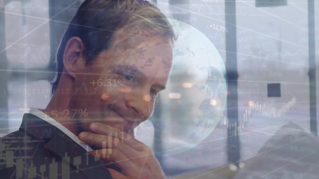 Animation of globe, statistics and data processing over caucasian businessman at airport