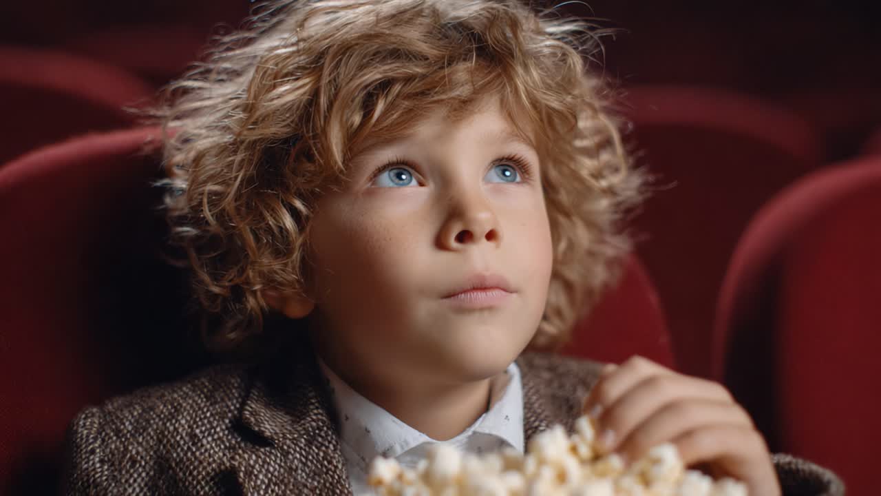 A Young Boy in a Theater, Captivated by the Screen's Action, Holds a Bowl of Popcorn, Wondering What's Next in the Movie Experience