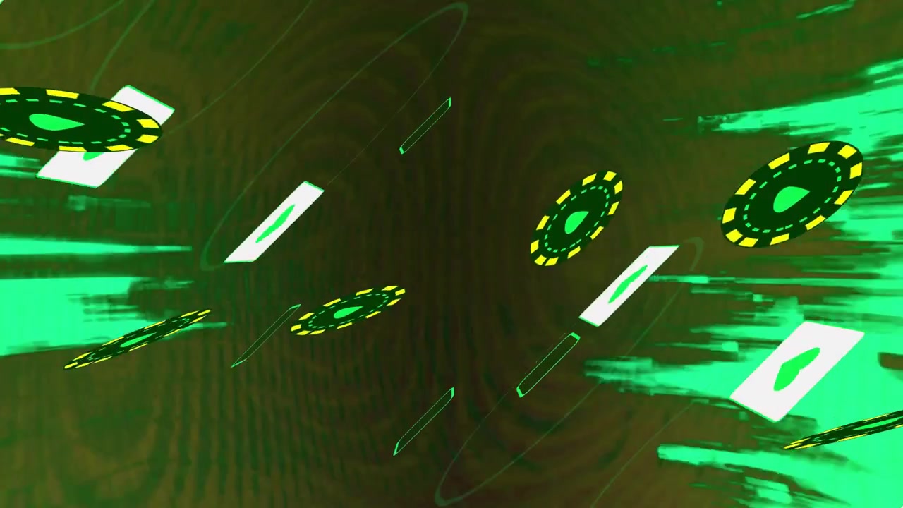 Vertikales Video: Kamerafahrt, schwebende Neon-Chips, pulsierende Ringe, türkiser Streifen bildet Tech-Loop