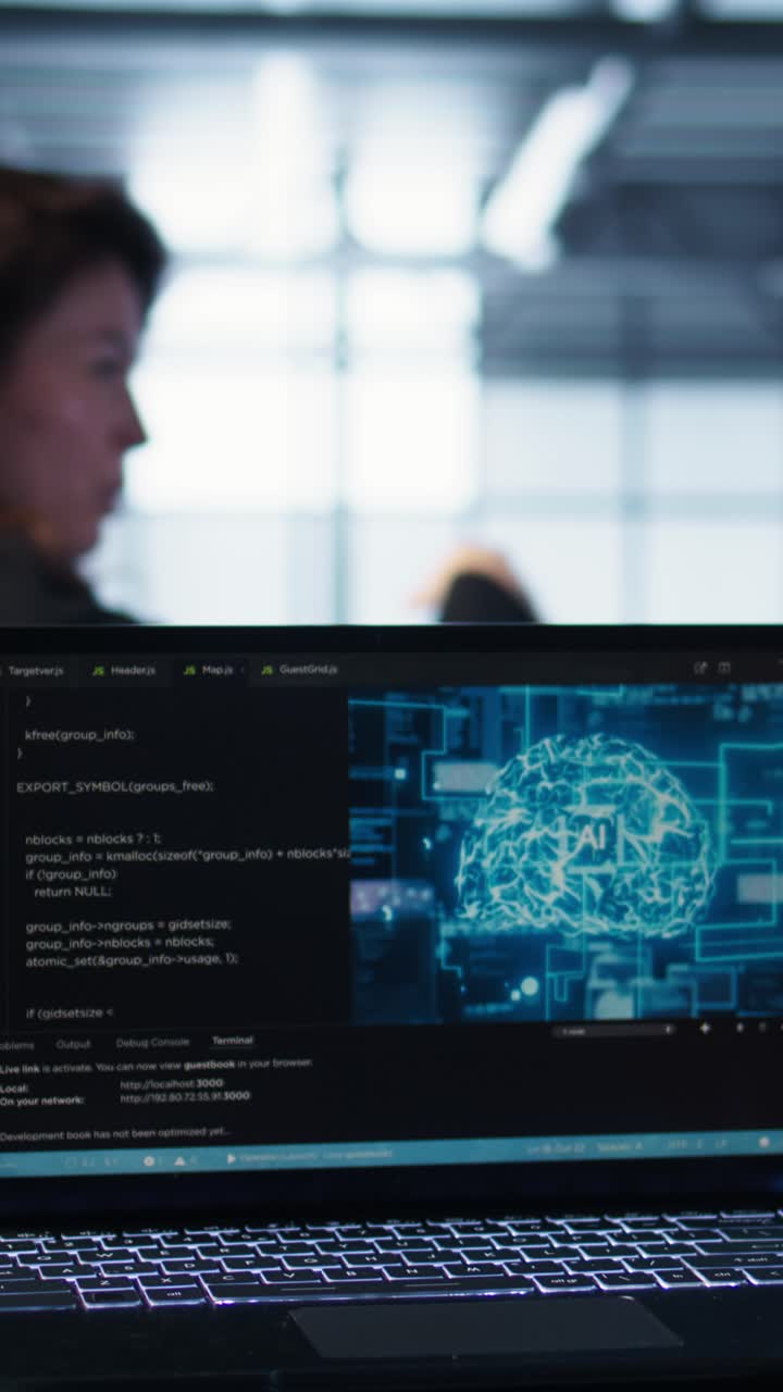 Vertical video Notebook screen with AI neural networks doing computing processes, close up