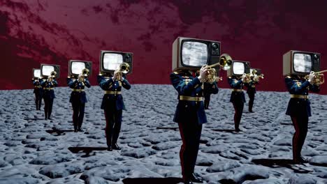 military band with tv heads on the moon