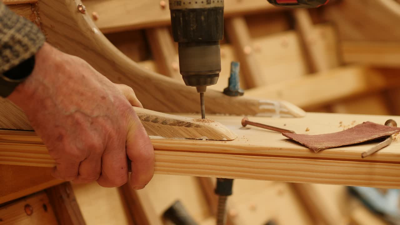 Drilling Oak seat Knee in Wooden Boat