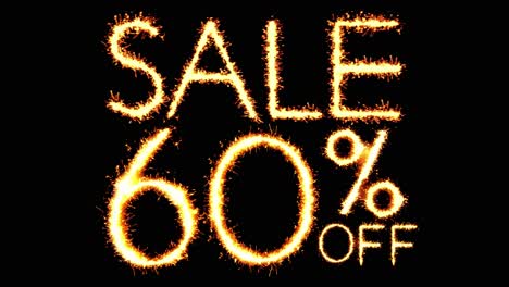 Sale 60 off text sparkler writing with glitter sparks particles firework on black 4k loop background