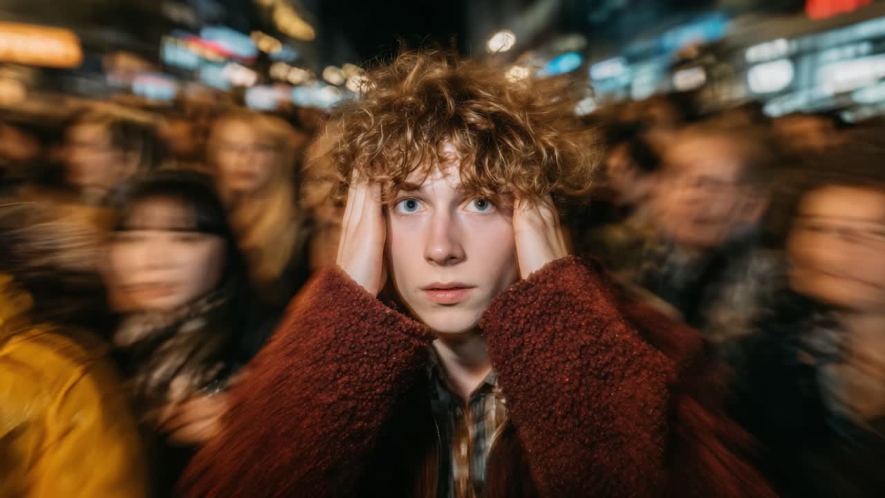 A young person with curly hair experiences overwhelming feelings of anxiety and crowd pressure while surrounded by a blurred city atmosphere, capturing a moment of emotional distress
