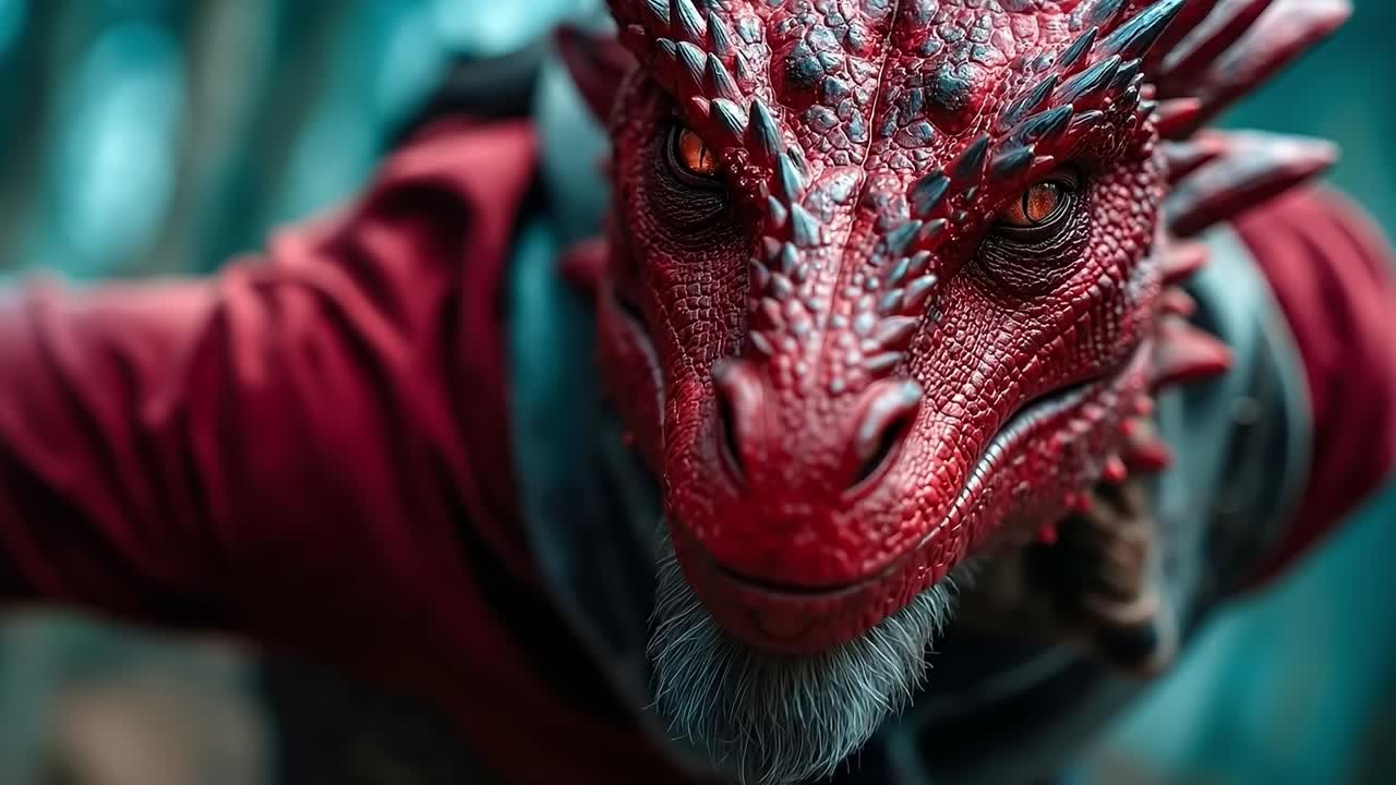 A close up of a red dragon head with a beard