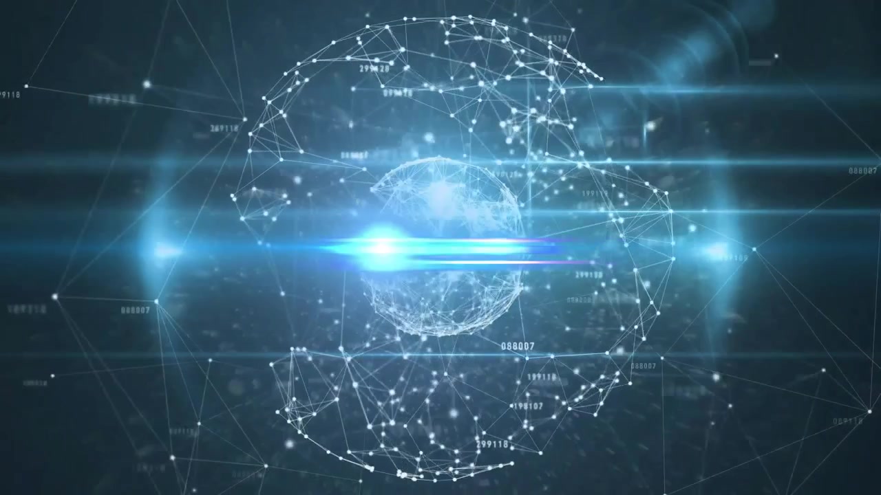 Faint node grid initiating animated 3D sphere expanding nodes, scanning beam highlighting data flow