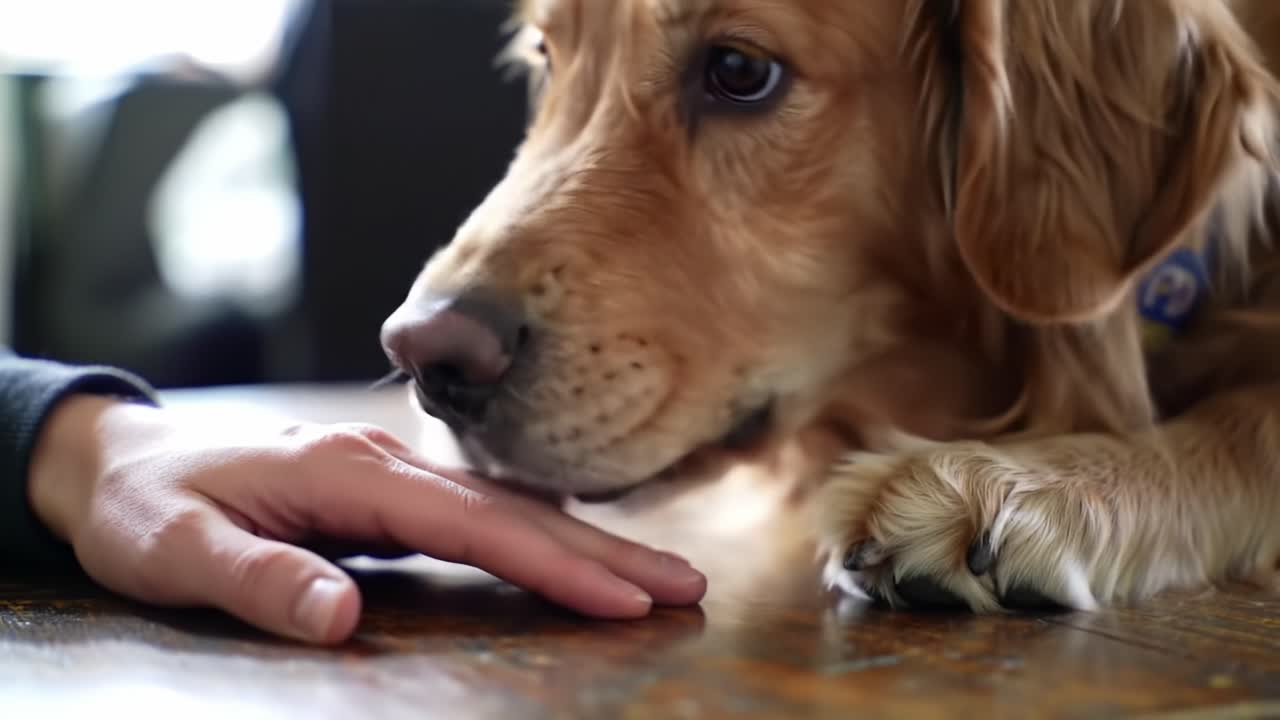 A Heartwarming Moment: A Golden Retriever Shows Affection by Gently Placing Its Paws on a Person's Hand, Capturing the Bond Between Humans and Dogs