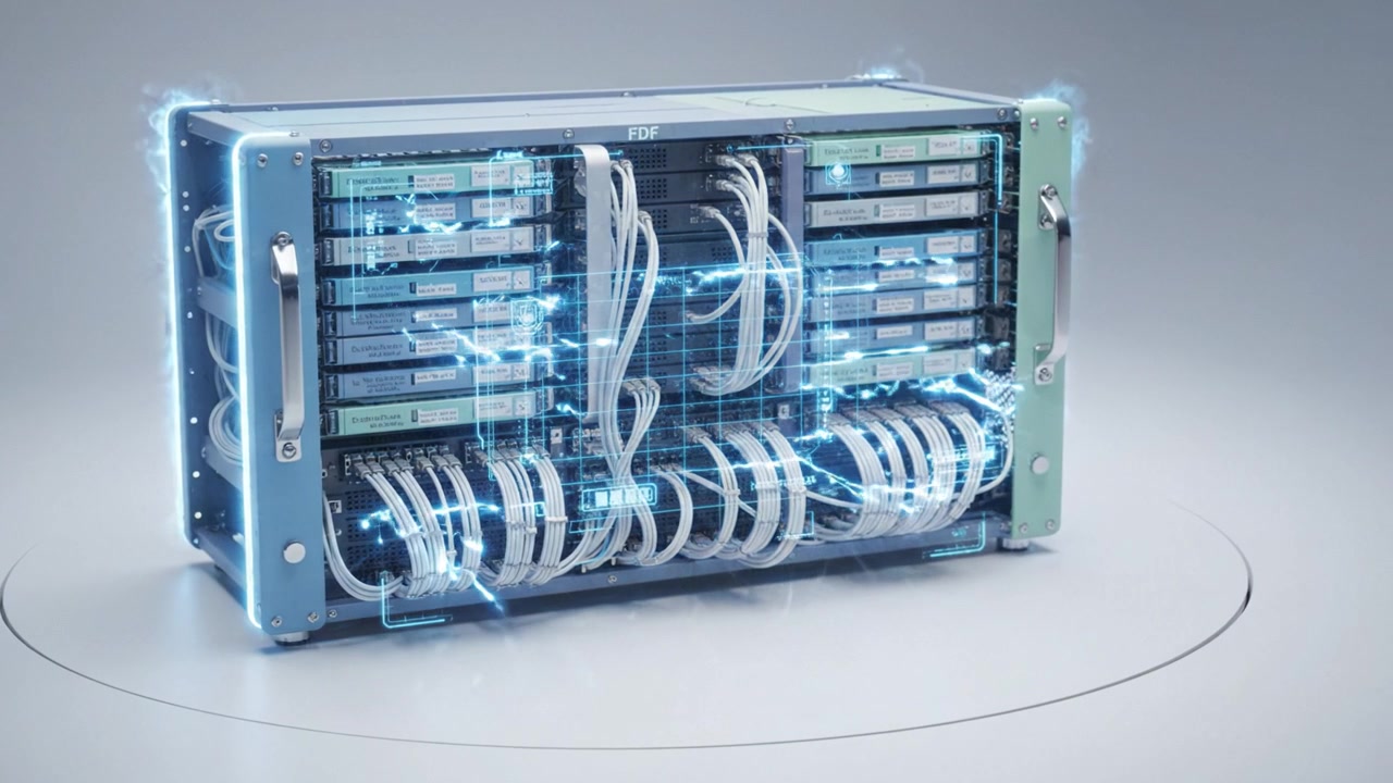Advanced Server Rack Featuring High Efficiency Wiring and Multi-layered Storage Solutions with Interactive Technology and Futuristic Design in Modern Data Center