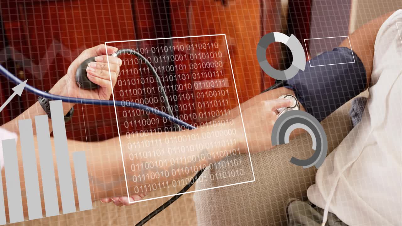Health worker squeezing bulb, using stethoscope, measuring BP while HUD overlaying arm updating