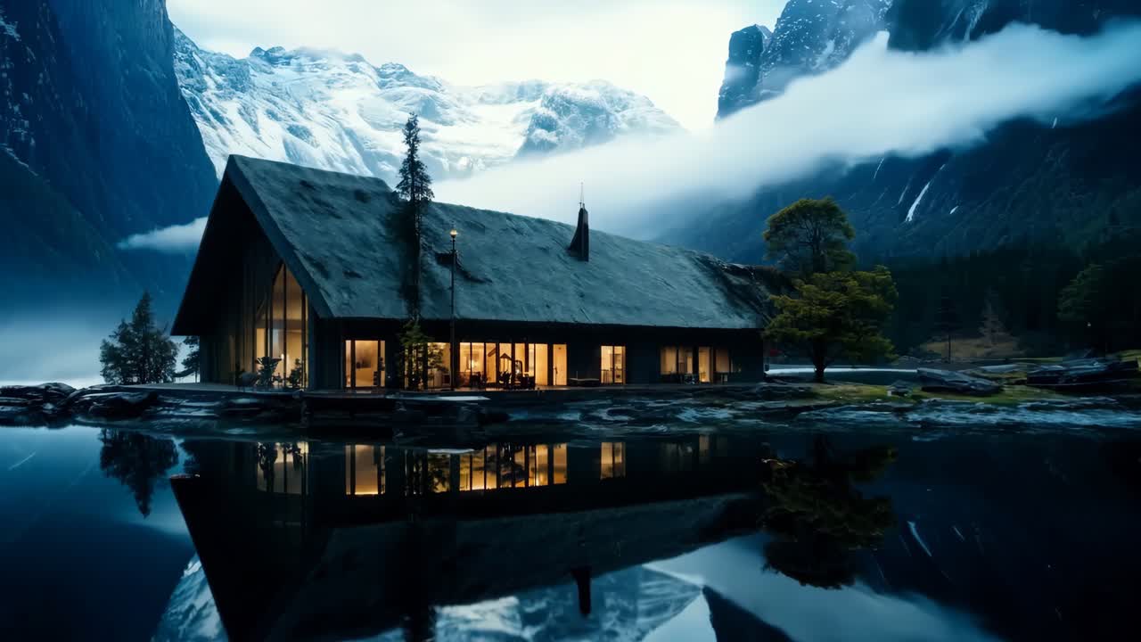 una casa en el medio de un lago rodeado de montañas