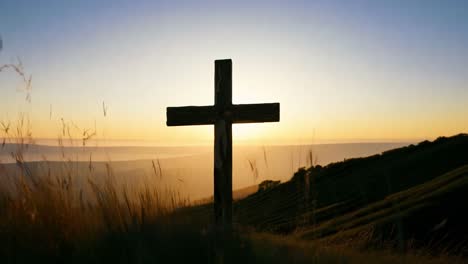 tall grass sways in the wind while a cross silhouette stands against a vibrant sunset, creating a serene and peaceful scene