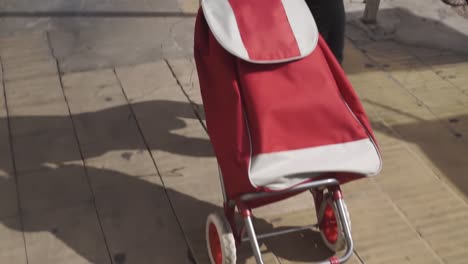 Tiro-De-Seguimiento-De-La-Bolsa-De-Carrito-De-Comida-Roja-En-El-Pavimento