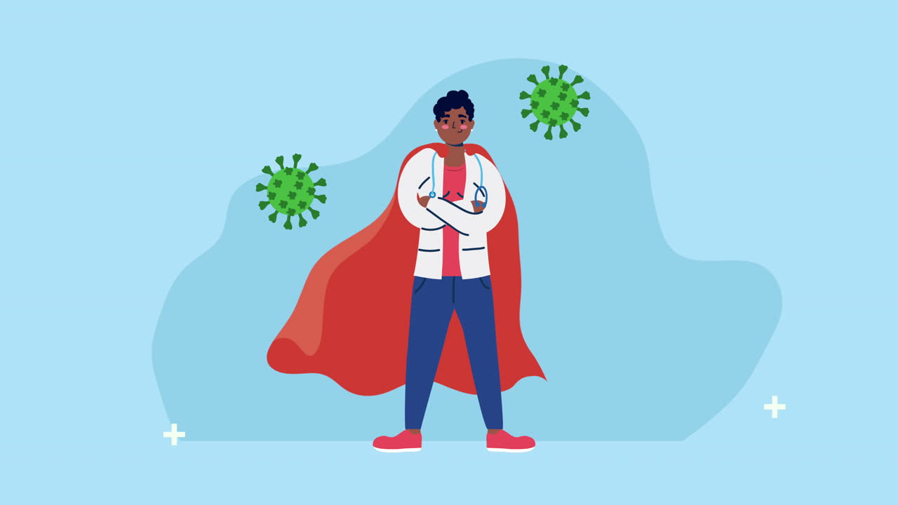 afro doctor with hero cloak and covid19 particles