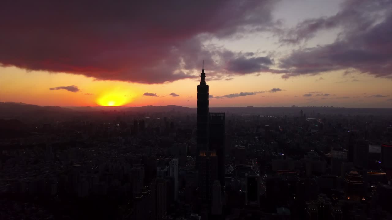 taiwán puesta de sol luz del sol taipei paisaje de la ciudad famosa torre panorama aéreo 4k