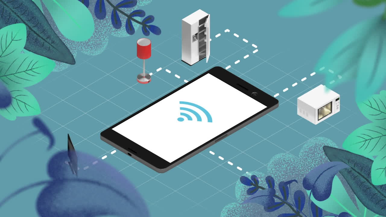 식물 위의 아이콘 네트워크와 함께 스마트폰의 애니메이션