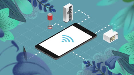 Animación-De-Smartphone-Con-Red-De-Iconos-Sobre-Plantas.