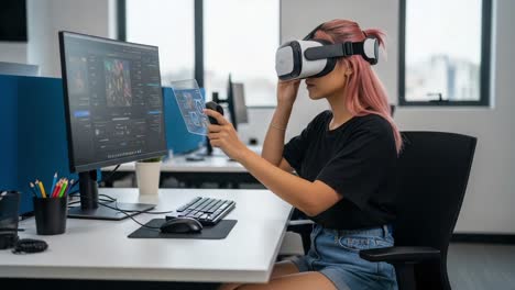 exploring virtual reality: a young woman engaged in a vr experience at her workspace, combining technology with creativity and innovation