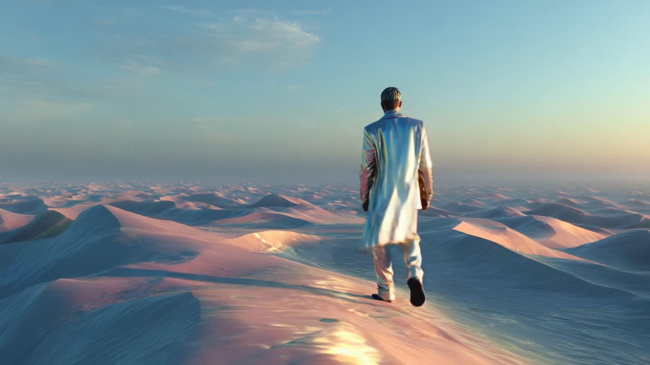 A man walks across a futuristic desert landscape
