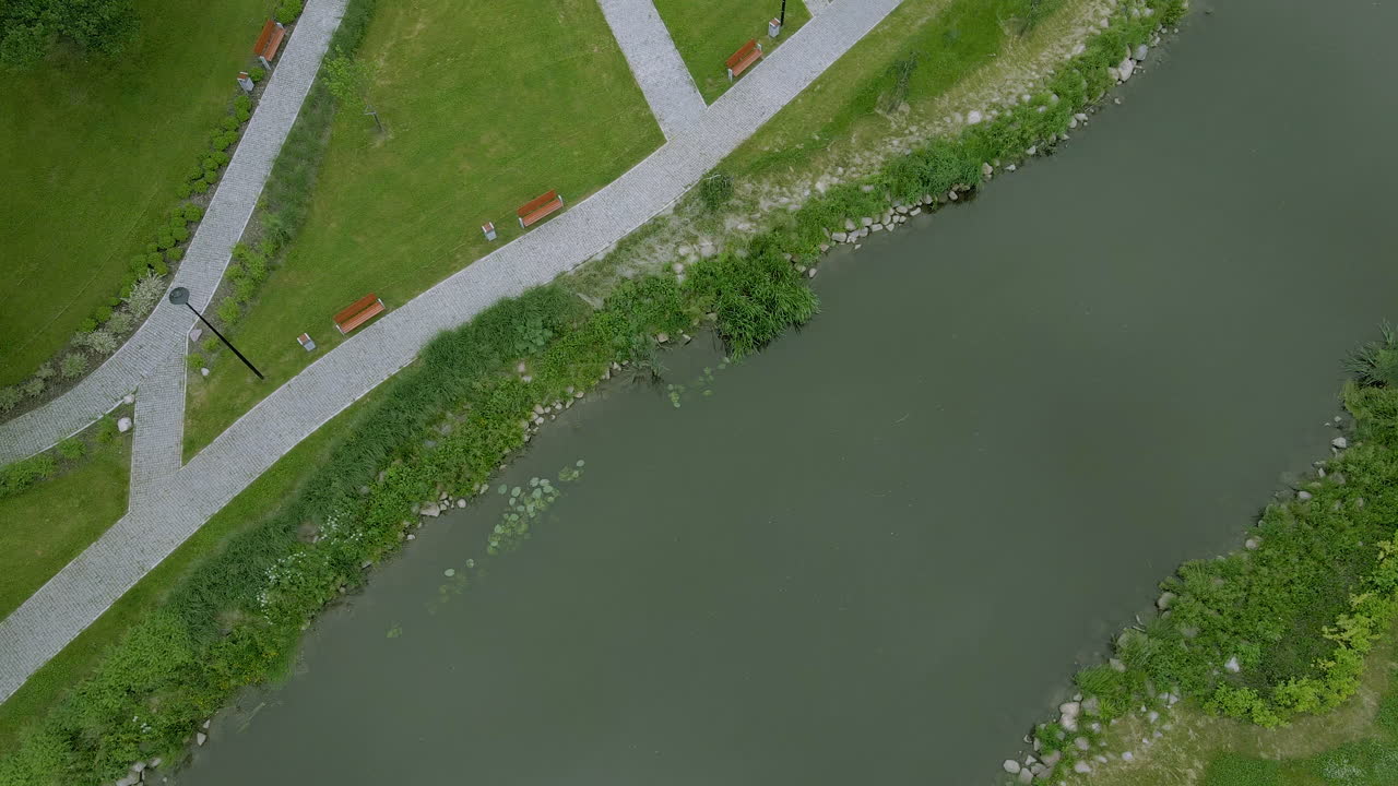Aerial top down shot of river and empty footpath at shore during covid19 pandemic