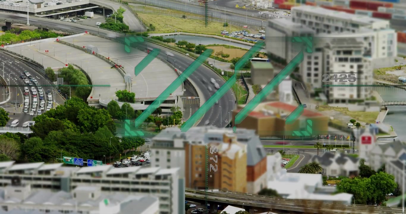 Animaatio digitaalisesta datankäsittelystä kaupunkikuvan yllä