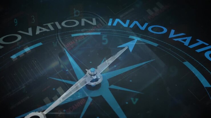 Animation of data processing over compass with business texts