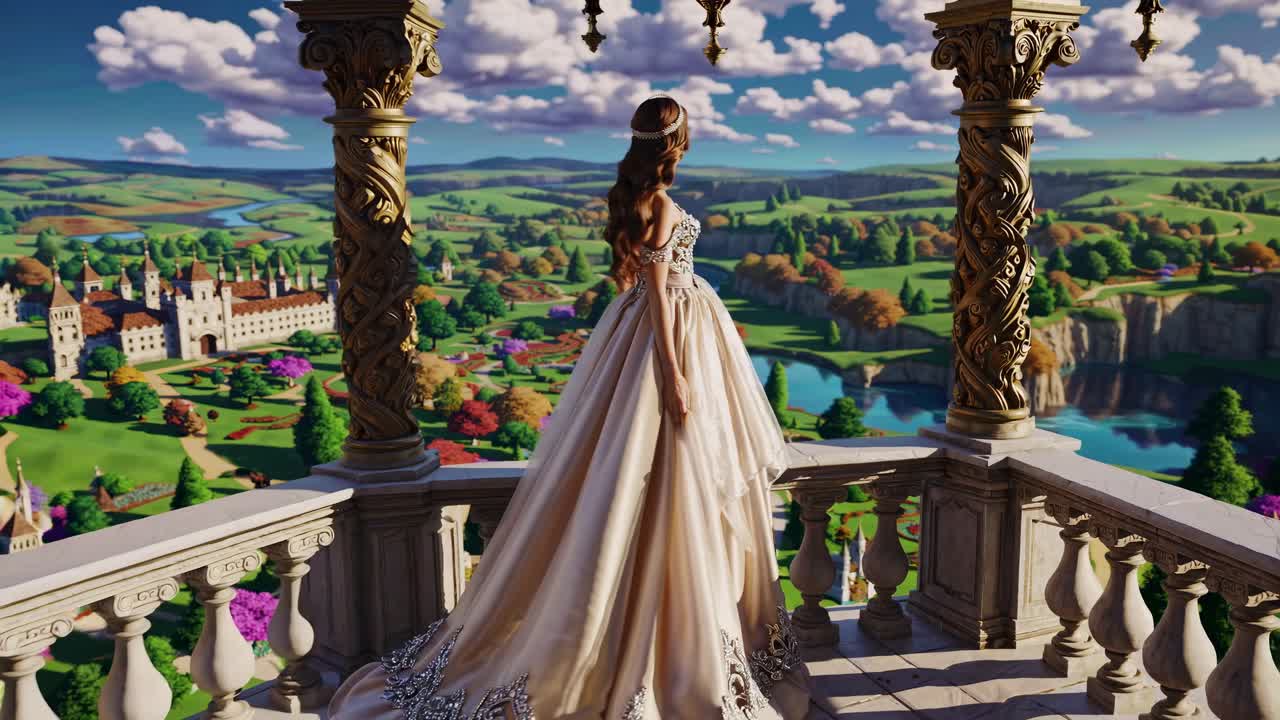 Seorang putri dalam gaun elegan mengawasi lanskap negeri dongeng yang semarak dari balkon