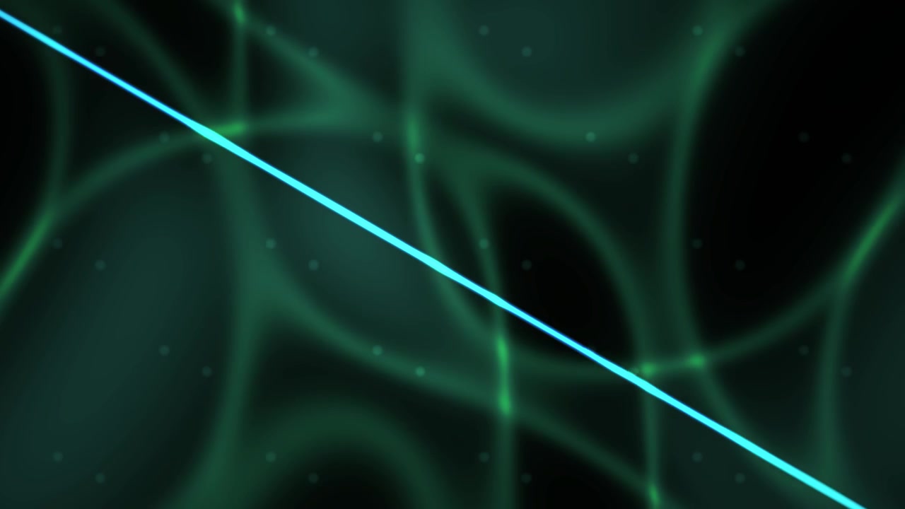 Animazione Astratta Dinamica con Forme Verdi Luminose e Raggio Laser Blu