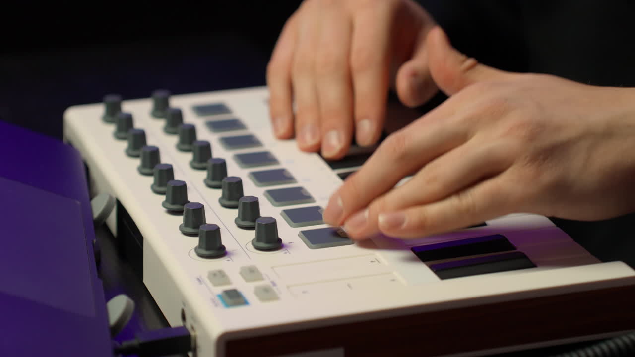 Hands play synth pads creatively, capturing music creation mood