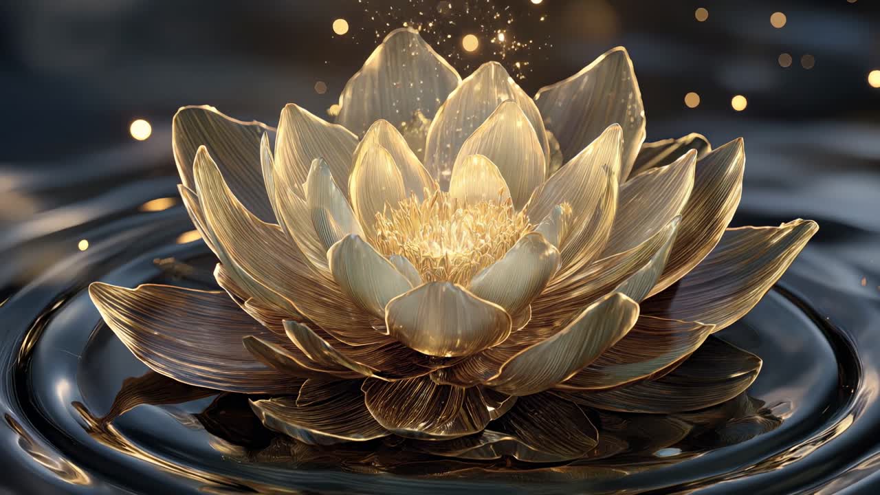 The radiant golden lotus flower is beautifully floating in the tranquil and calm water