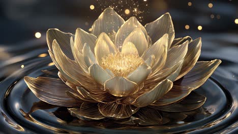the radiant golden lotus flower is beautifully floating in the tranquil and calm water