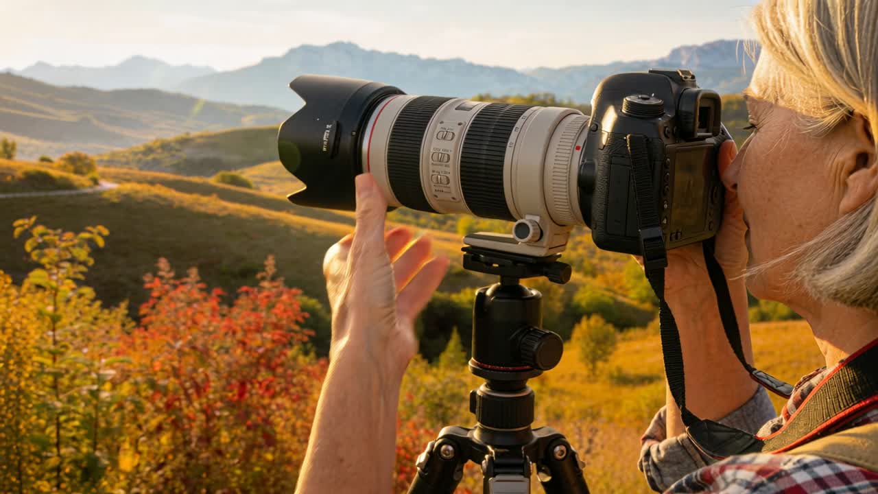 Fotografo anziano che porta la macchina fotografica all'occhio, ruota lo zoom, sistema il paraluce e cattura colline dorate.