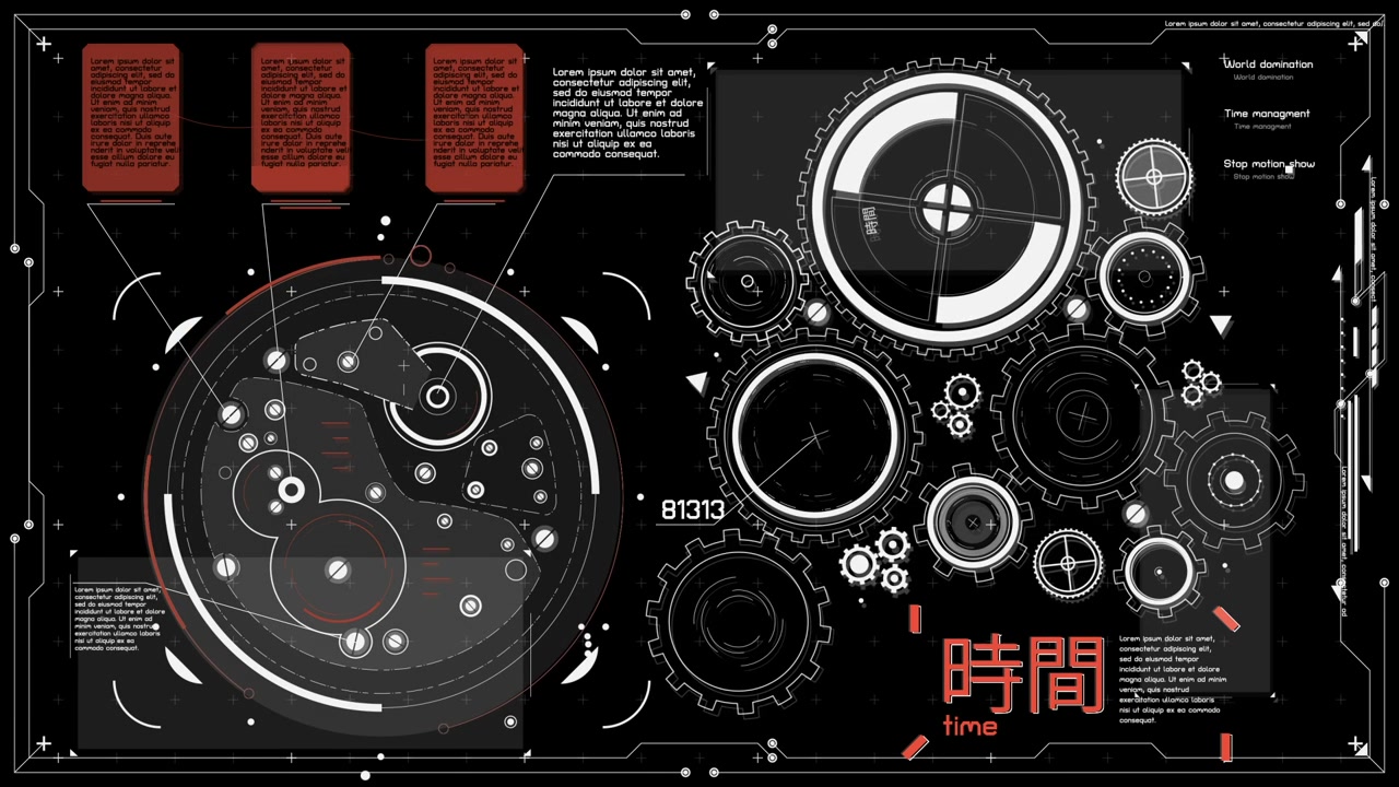 Animated Futuristic HUD Interface with Clock Mechanism and Rotating Gears