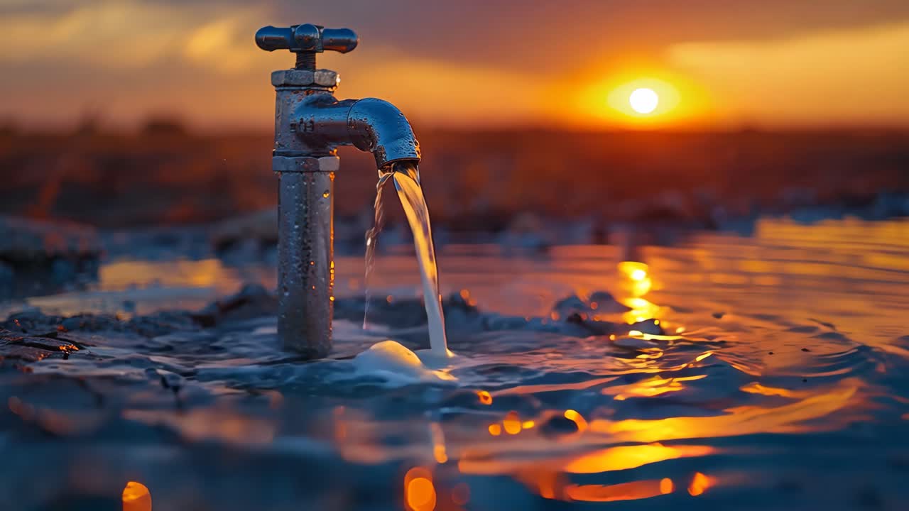 A faucet is dripping water into a body of water. The sun is setting in the background, creating a warm and peaceful atmosphere