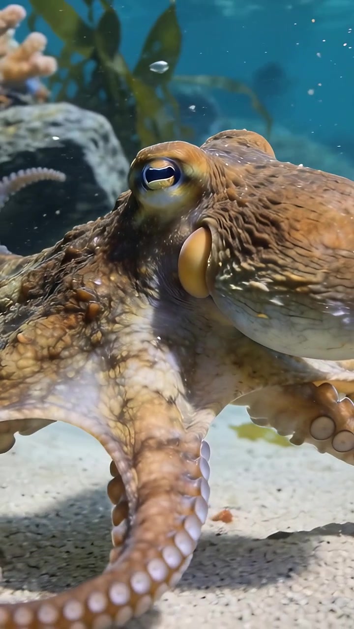 Video verticale: Un polpo si muove lungo il fondale sabbioso, mostrando i tentacoli con le ventose.
