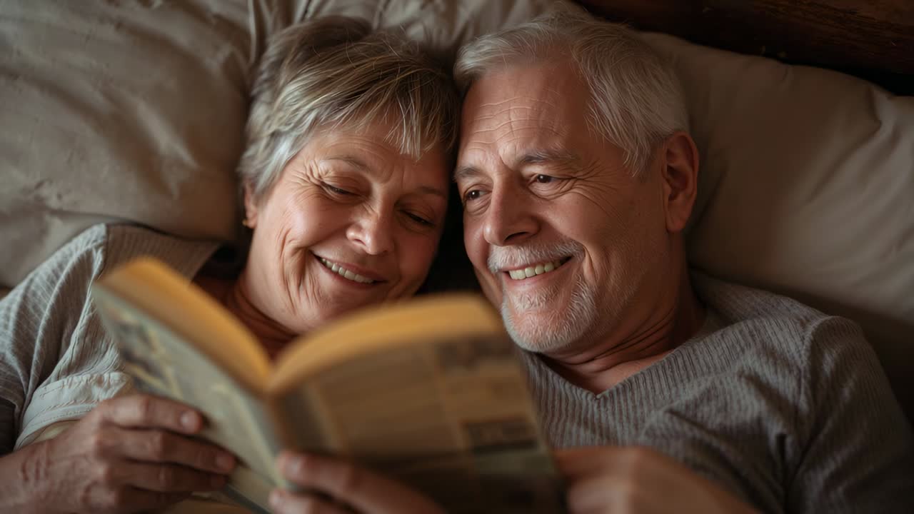 Una coppia di anziani in camera da letto, vestiti, che tiene in mano un libro con copertina flessibile e lo legge, condividendo un legame prima di andare a dormire