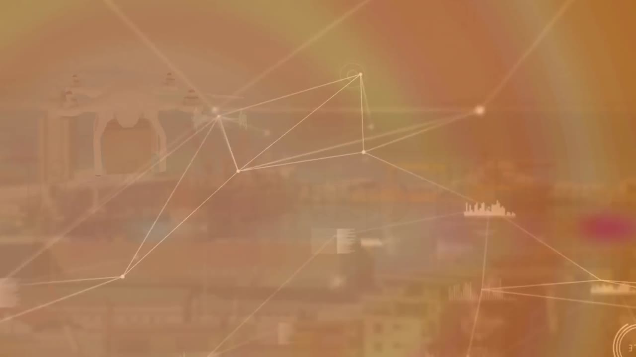 animación de la red de conexiones con iconos sobre el drone de entrega con paquete