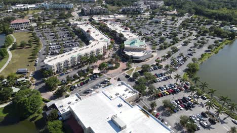 slow aerial of lakewood ranch mainstreet shopping and restaurant area, bradenton, florida