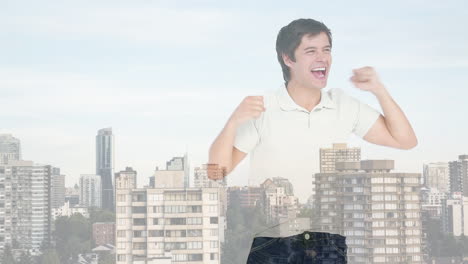 animation of caucasian man celebrating over cityscape