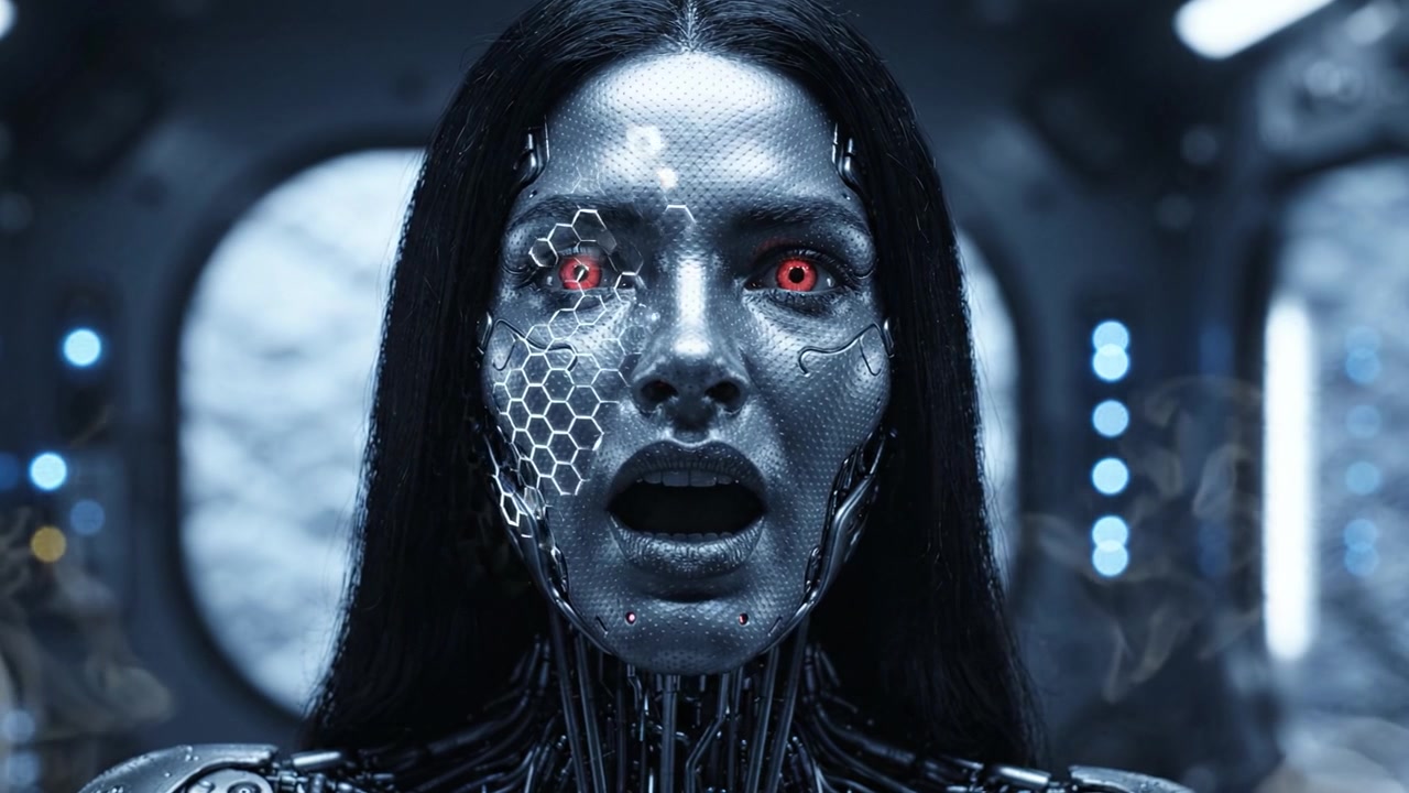A humanoid robot with metallic skin and glowing red eyes, depicting a moment of shock or surprise in a futuristic, high-tech environment filled with advanced machinery.