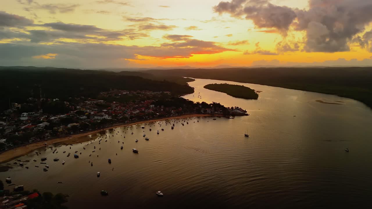 Aerial View of Coastal Town at Sunset